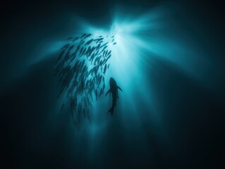 a silhouette of a shark swimming towards a school of fish in deep blue water.