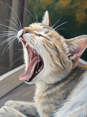 Obraz premium Playful Cat Yawning Cozy Home Animal Portrait Relaxed Setting Close-Up View Domestic Bliss