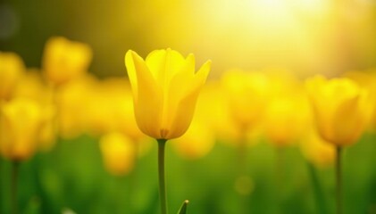 Sun-drenched yellow tulips, minimalist spring landscape, vibrant colors, clean, golden hour, beautiful