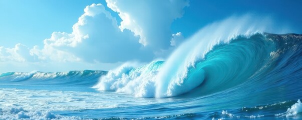 Vast ocean waves crashing under a vibrant blue sky , picture, image