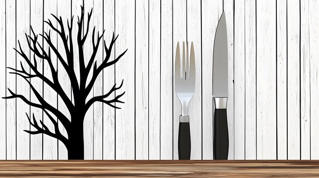 Silhouette Tree with Fork and Knife on Wooden Background
