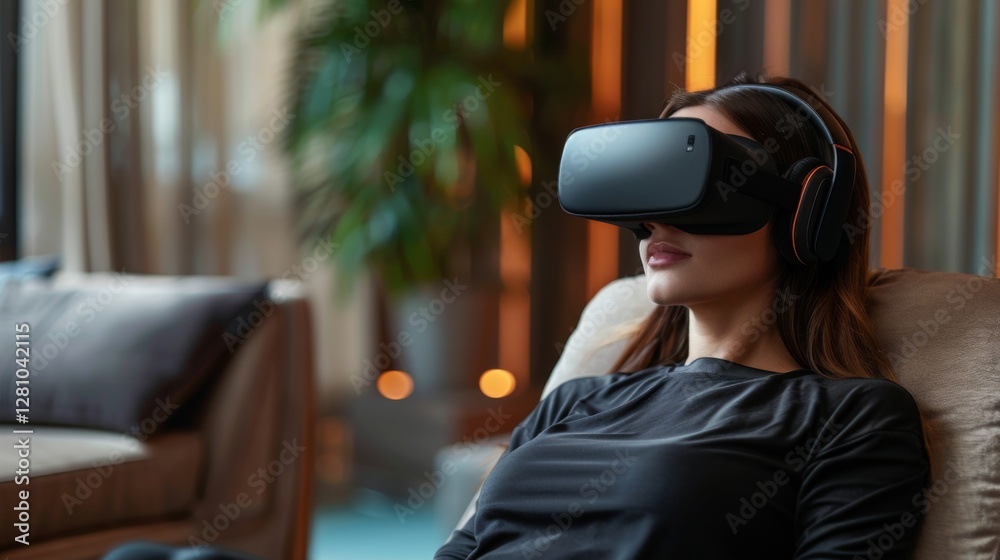 Poster a woman relaxes in a comfortable setting while using virtual reality technology to engage in digital