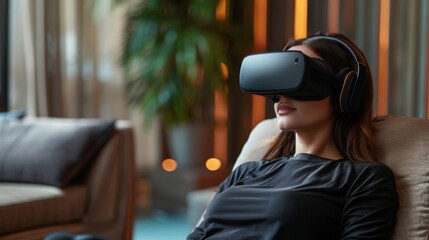 A woman relaxes in a comfortable setting while using virtual reality technology to engage in digital therapy, focusing on mindfulness and mental well being from her home environment.