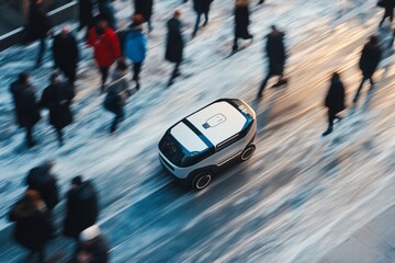 Fototapeta premium Autonomous delivery robot navigating city sidewalk, rush hour