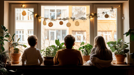 Fototapeta premium Cozy family moment by window, enjoying indoor plants and decorations. warm atmosphere creates sense of togetherness and tranquility