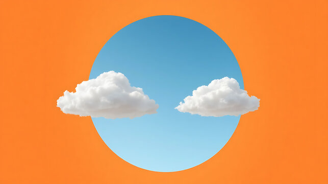 A minimalist composition with two floating clouds and a circular frame at the center of an orange gradient background1