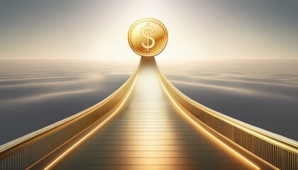 Path to Financial Gold: An inviting walkway leading towards a golden coin symbolizing financial success, the golden light suggests optimism, wealth, and achievement.