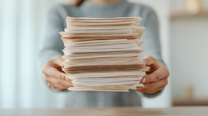 person holding large stack of documents, showcasing organization and paperwork management. scene conveys sense of productivity and diligence