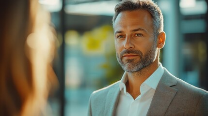 Obraz premium Professional businessman in smart suit engaging in conversation with a confident expression in a modern office setting