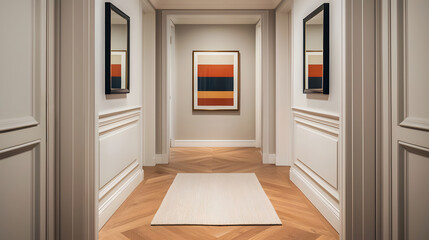 Fototapeta premium Elegant interior hallway featuring vintage art deco style, wooden flooring, and mirrors