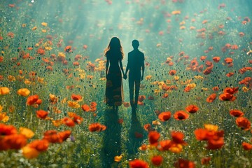 A girl's shadow holding hands with a man in the background, surrounded by Red poppy flower, creating a memorial day card with the words of remembrance.