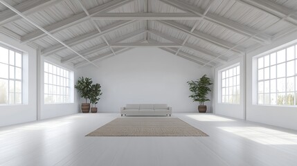 Fototapeta premium Serene Interior of Old Barn Featuring White Walls and Natural Elements