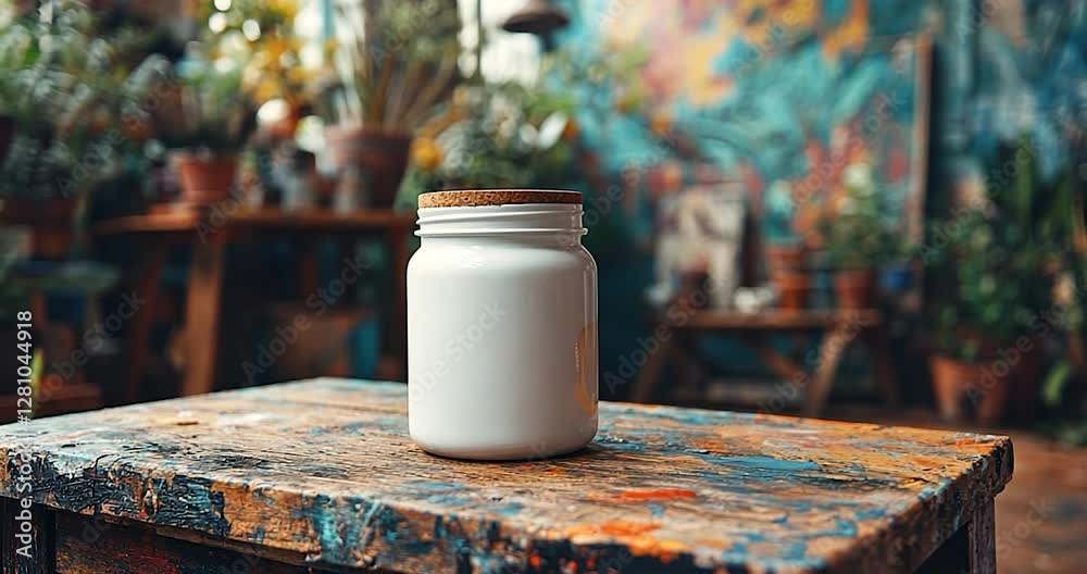 Poster white jar with cork lid on a splattered wooden table in a studio with plants