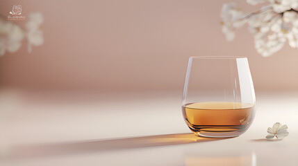 Whiskey glass in translucent glass, minimalist, slim and light, retro, natural lighting, on the desk, nice shot. white flower style illustrated