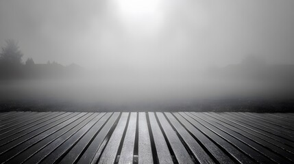 Misty Morning Foggy Landscape Wooden Deck