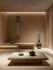 A minimalist interior scene is presented showing a peaceful room