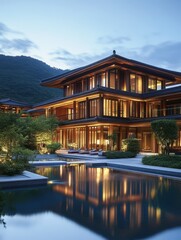Obraz premium Luxury Japanese designed mansion situated near water and mountains