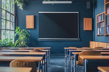 Empty classroom, desks, screen, plants, bookshelves.
