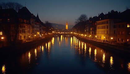 Fototapeta premium European River Town at Night