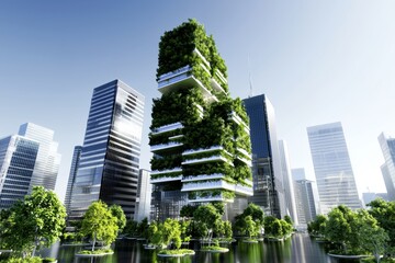 Obraz premium A futuristic metropolis known as Green Utopia is situated on the coast of a tropical sea, depicted in a 3D art illustration, embodying an environment-friendly and green ecologic sci-fi city