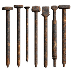 Set of rusty nails isolated on transparent background
