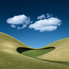 Fototapeta premium A beautiful natural setting featuring green grass, blue sky, and white clouds, serves as a perfect representation of nature's splendor, with its lush green summer fields, rolling hills, and expansive