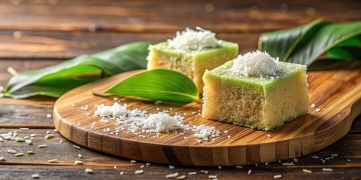 Moist sweet getuk lindri cake sitting on a wooden table with grated coconut flakes scattered around it , dessert, food