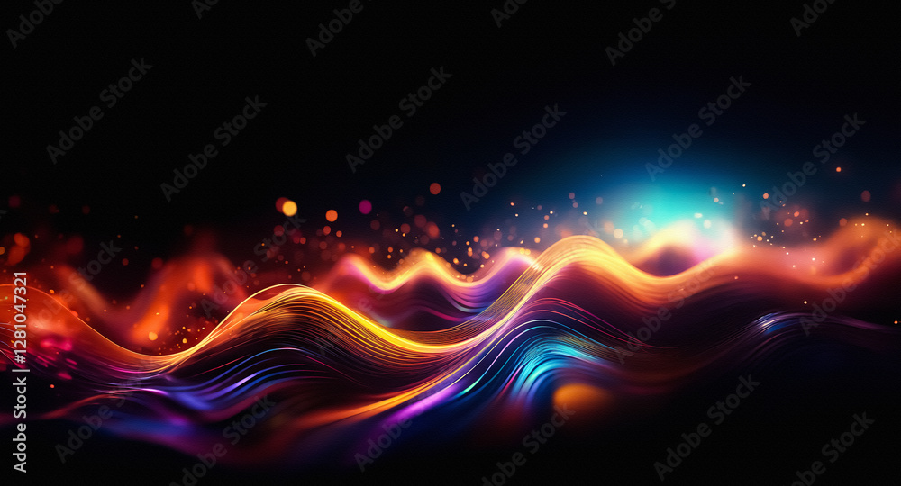 Poster Abstract flowing waves of vibrant colors illuminate a dark background, creating a dynamic and energetic scene with smooth, curved lines and glowing light trails.