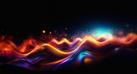 Fototapeta premium Abstract flowing waves of vibrant colors illuminate a dark background, creating a dynamic and energetic scene with smooth, curved lines and glowing light trails.