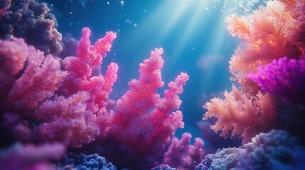 Fototapeta premium The undersea world with glowing holographic marine species, vibrant coral reefs, dynamic underwater lighting, photorealistic