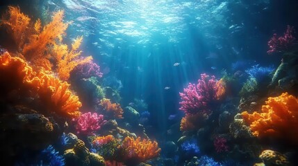 Naklejka premium The undersea world with glowing holographic marine species, vibrant coral reefs, dynamic underwater lighting, photorealistic