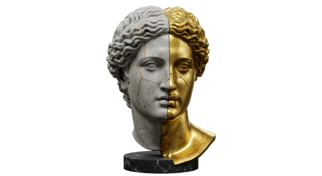 Isolated Split Sculpture of a Woman: Marble and Gold