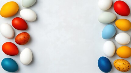 Colorful eggs on white background, create vibrant easter frame, with copy space