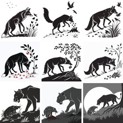 Naklejka premium Black & White Silhouette Illustrations: Foxes & Badgers in Nature, Wildlife Art, Animal Graphics, Vector Designs, Storybook Style Images