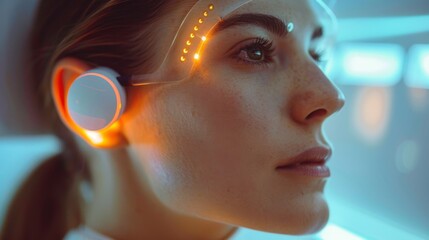 A young individual engages with an advanced digital therapy headset designed to enhance mindfulness and mental health through telemedicine in a modern, tech driven environment.