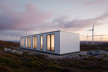 Modern energy efficient house with wind turbines at sunset