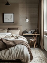 Cozy and stylish bedroom featuring a comfortable bed with a desk