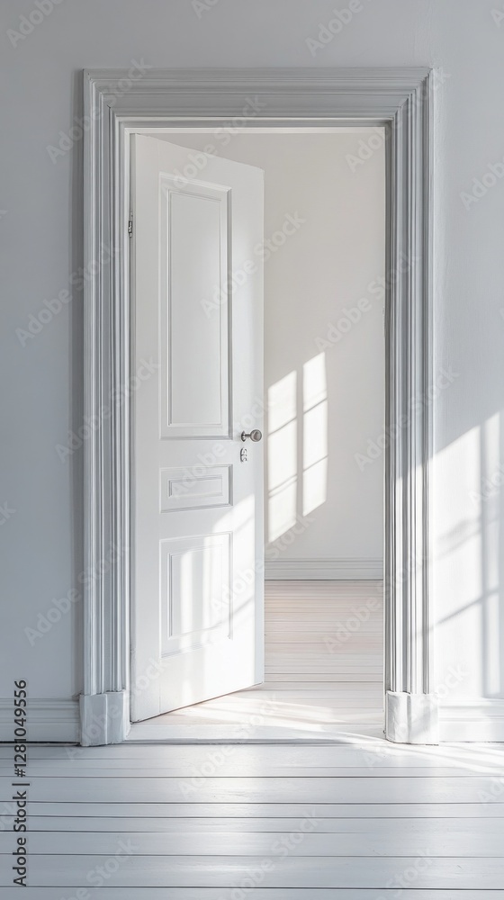 Poster an open door stands in a minimalist white room, allowing natural light to pour in, casting gentle sh