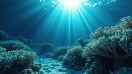 Fototapeta premium Underwater coral reef landscape affected by coral bleaching with sunlight 