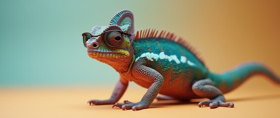 Obraz premium Colorful chameleon on blurred background – vibrant banner or header design with a multicolored chameleon and soft gradient backdrop.