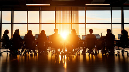 group of professionals in modern office silhouetted against sunset. warm light creates vibrant atmosphere, enhancing collaborative environment