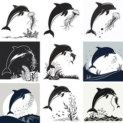 Naklejka premium Dolphin Silhouette Vector Art: Jumping Dolphins with Jellyfish, Fish, and Ocean Plants - Black & White Marine Life Illustrations