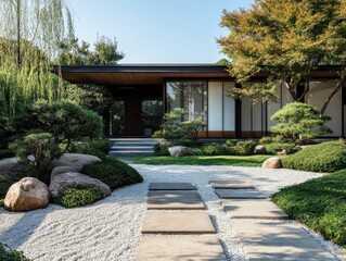 Fototapeta premium A modern house surrounded by beautiful nature and landscaping