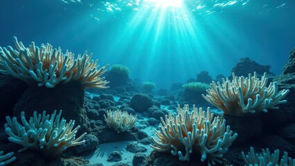 Obraz premium Underwater coral reef landscape affected by coral bleaching with sunlight 