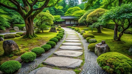 Obraz premium Minimalist stone pathway in a serene Japanese Zen garden with moss and small trees , nature, stone path, nature, stone path