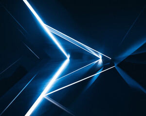 Futuristic abstract background with glowing blue neon light beams cutting through darkness, creating a high-tech geometric pattern, symbolizing technology, innovation, and modern design.