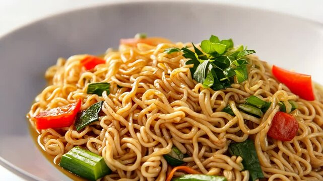 A plate of noodles with vegetables, in the style of Chinese cuisine, generative AI