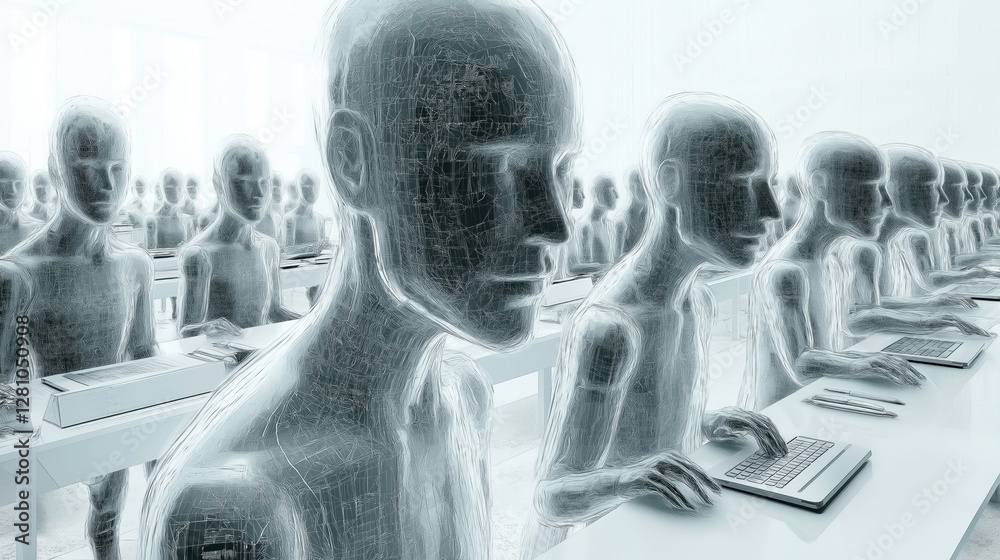Poster futuristic ai interface with humanoid figures working on computers, representing advanced technology