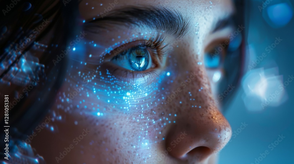 Aufkleber a close up view of a person's face displaying intricate digital patterns around their eyes, symboliz