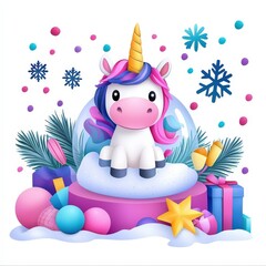 Fototapeta premium A colorful unicorn in a snowy scene, surrounded by gifts and festive decorations, capturing a whimsical holiday spirit.